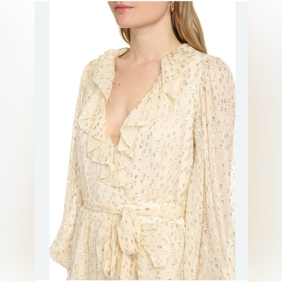 STUNNING Zimmermann Cream Long Sleeve Wrap Dress with Shining Gold Accents - Picture 11 of 16